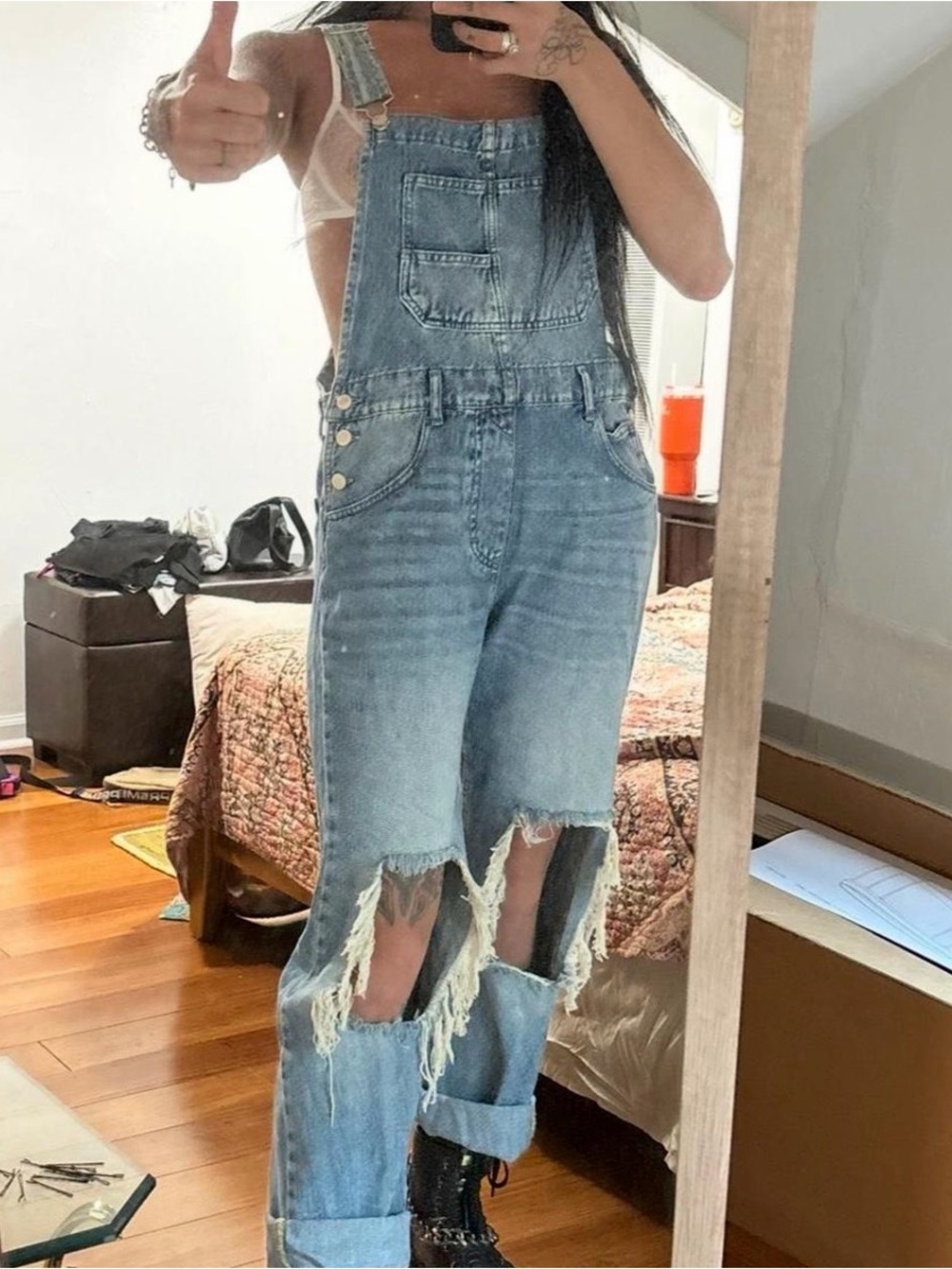 Free People Light Blue Distressed Denim Overalls